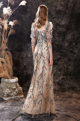 New Half Sleeves Sequins Mermaid Prom Gown w/ Sheer Long Sleeves